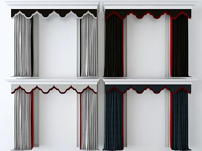 Various Curtain Styles With Valance Design Gray Black Blue Colors And Red Trim 3d model