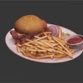 Delicious Homemade Burger Served With Crispy Fries Onion Rings And Ketchup