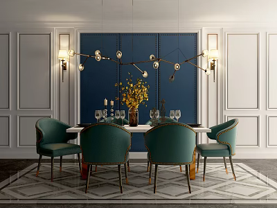 Elegant White Dining Table Set With Teal Velvet Chairs Navy Blue Wall And Modern Chandelier 3d model