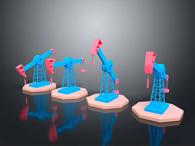 Colorful Oil Pump Jack Models With Blue And Pink Bases On Black Background With Reflections 3d model