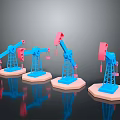 Colorful Oil Pump Jack Models With Blue And Pink Bases On Black Background With Reflections