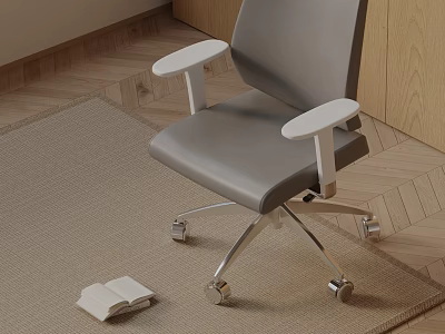 Gray Leather Office Chair With White Armrests And Silver Rolling Casters 3d model