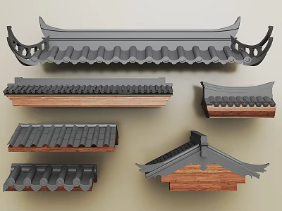 Traditional Architectural Components with Gray Tiles and Wooden Structures in Various Styles 3d model