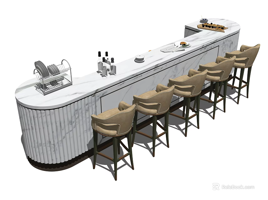 Elegant Bar Design With Marble Countertop Bar Stools Wine Bottles And Dinnerware 3d model 