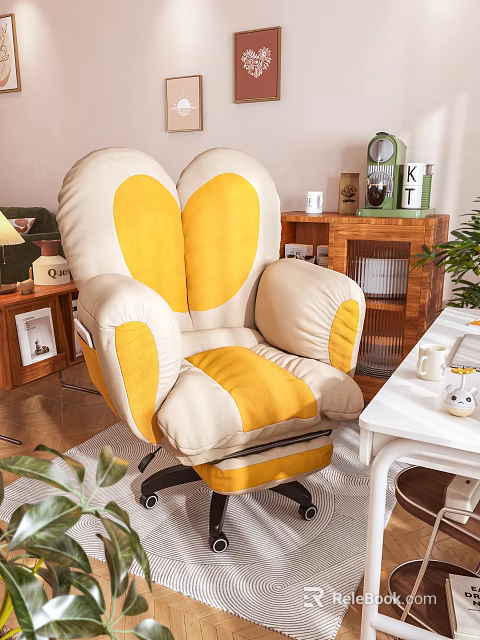 Comfortable Yellow And White Recliner Chair With Soft Cushions And Curved Back Design For Living Room 3d model 