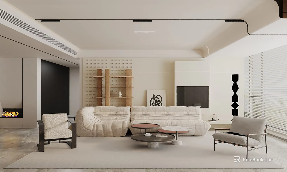 Stylish Modern Leisure Chairs in Beige Living Room with Sofa and Wooden Shelves 3d model 