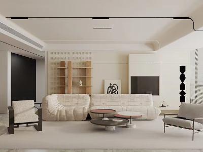 Stylish Modern Leisure Chairs in Beige Living Room with Sofa and Wooden Shelves 3d model