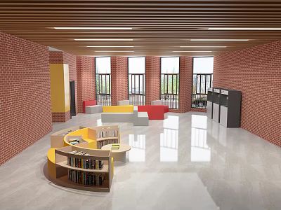School Interior Space Featuring Brick Walls Wooden Ceiling Large Windows Circular Bookshelf and Colorful Seats 3d model