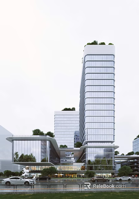 Modern High Rise Office Building With Glass Curtain Wall And Roof Greenery 3d model 