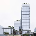 Modern High Rise Office Building With Glass Curtain Wall And Roof Greenery