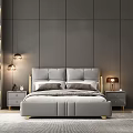 Modern Gray Double Bed With Upholstered Headboard Nightstand Table Lamp In Minimalist Bedroom Interior