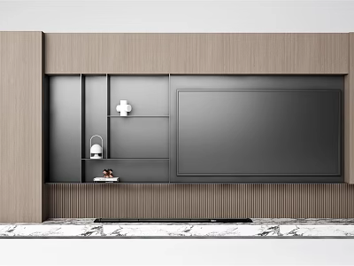 Modern TV Wall Unit Design With Wooden Panels Built-in TV And Storage Shelves 3d model