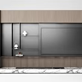 Modern TV Wall Unit Design With Wooden Panels Built-in TV And Storage Shelves