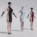 Women in Black Blue Patterned Red Qipao Dresses with Long Gloves High Heels on White