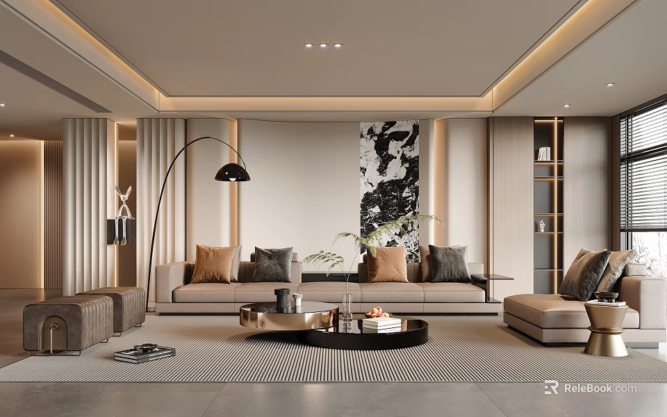 Modern Living Room Interior With Beige Sofa Brown Grey Cushions And Black Round Coffee Table 3d model 