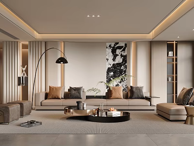 Modern Living Room Interior With Beige Sofa Brown Grey Cushions And Black Round Coffee Table 3d model