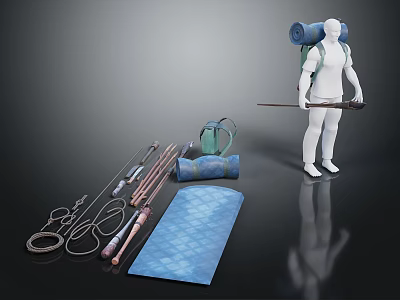 Outdoor Explorer Weapon And Trekking Gear With Backpack Poles Ropes And Sleeping Bag 3d model