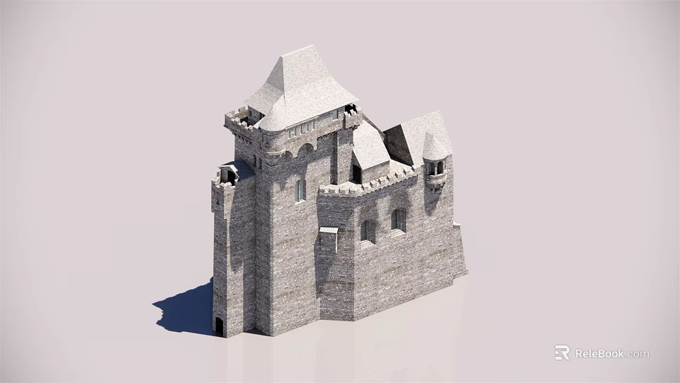 Ancient Medieval Stone Building With Multiple Towers And Pointed Roofs 3d model 