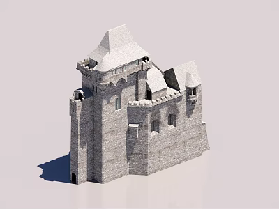 Ancient Medieval Stone Building With Multiple Towers And Pointed Roofs 3d model