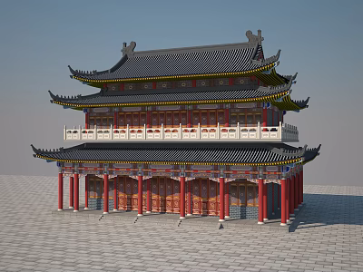 Ancient Chinese Architecture With Multi Tiered Curved Eaves Red Pillars Black Roof And White Railings 3d model