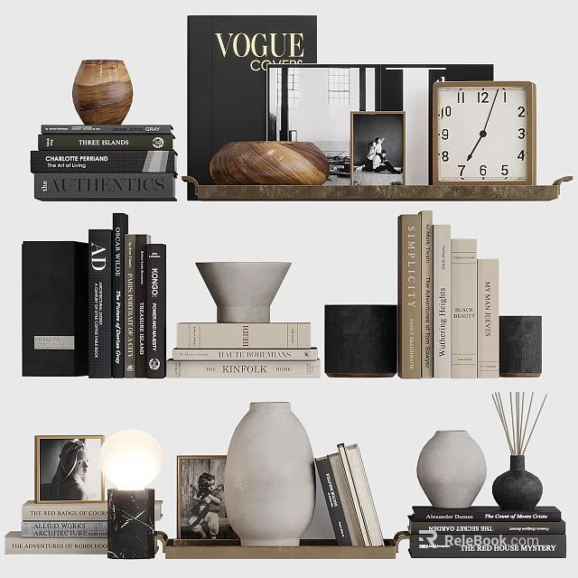 Decorative Ornament Set With Books Clock Vases Wooden Tray And Photo Frames For Home Decor 3d model 