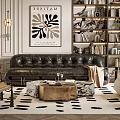 Stylish Living Room With Leather Sofa Coffee Table Patterned Rug Bookshelf Chandelier And Art Print