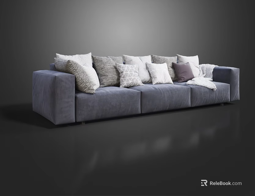Modern Gray Three Seater Sofa With Multiple Decorative Pillows And Plush Upholstery 3d model