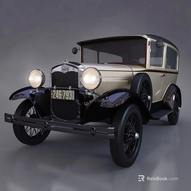 Vintage Classic Car With Cream And Black Body Classic Headlights And License Plate 3d model 
