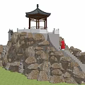 Traditional Chinese Pavilion On Rocky Mountain With Stone Steps And Blue Sky White Clouds