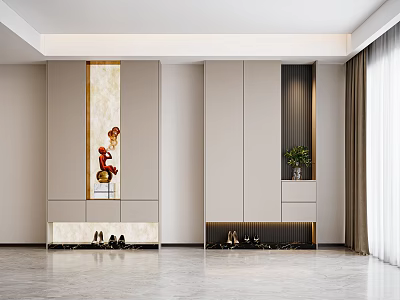 Modern Entryway Cabinet And Side Cabinet Interior With Shoe Storage Decorative Plant And Sleek Panels 3d model