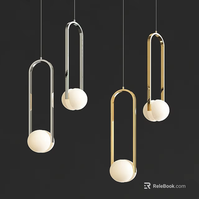 Modern Chandeliers With U Shaped Metal Frames White Spherical Bulbs Silver And Gold Finishes 3d model 
