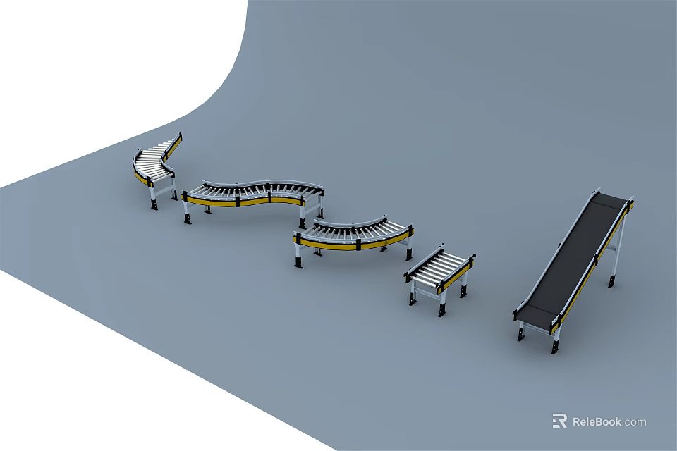 Industrial Conveyor Belt Equipment Featuring Curved And Straight Sections With Metal Frames 3d model 
