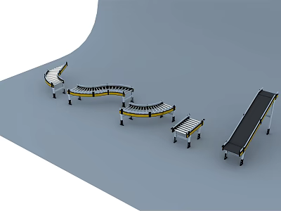 Industrial Conveyor Belt Equipment Featuring Curved And Straight Sections With Metal Frames 3d model
