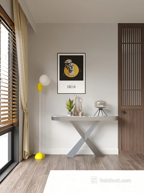 Modern Entryway Console Table With Artwork Potted Plant And Floor Lamp 3d model