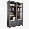 Elegant Dark Wood Sideboard Featuring Glassware Bowls Vases and Books on Shelves