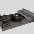 Modern Sofa Set with Light Brown Armchairs and Round Marble Coffee Table Black Metal Frames 3d model