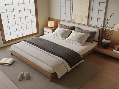 Minimalist Double Bed Interior With Shoji Screens Wooden Floor Nightstand And Table Lamp 3d model