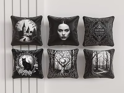 Gothic Style Black Decorative Pillows With Castle Woman Face Magic Cat Tree Forest Designs 3d model
