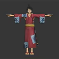 Anime Character With Black Hair In Red Kimono Blue Circular Patterns Yellow Belt And Sword