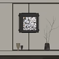 Square Decorative Painting With Black Frame And Black White Pattern In Interior With Vase Branches And Ceramic Ornaments