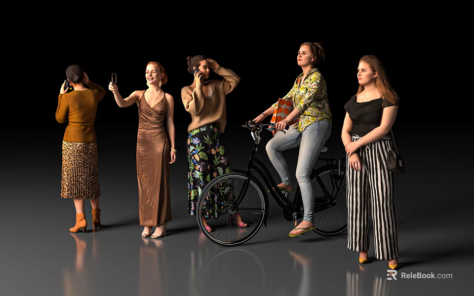 Group of Women in Diverse Casual Attires With Various Poses and Bicycle 3d model 