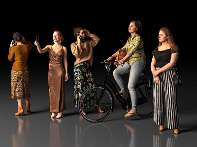 Group of Women in Diverse Casual Attires With Various Poses and Bicycle 3d model