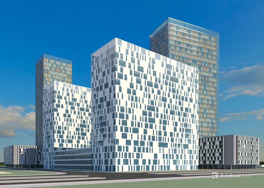 Modern Office Buildings With Square Patterned Facades Glass Elements And Blue Sky Surroundings 3d model 