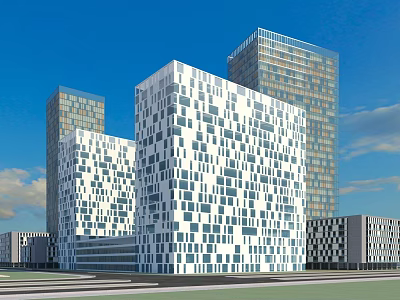 Modern Office Buildings With Square Patterned Facades Glass Elements And Blue Sky Surroundings 3d model