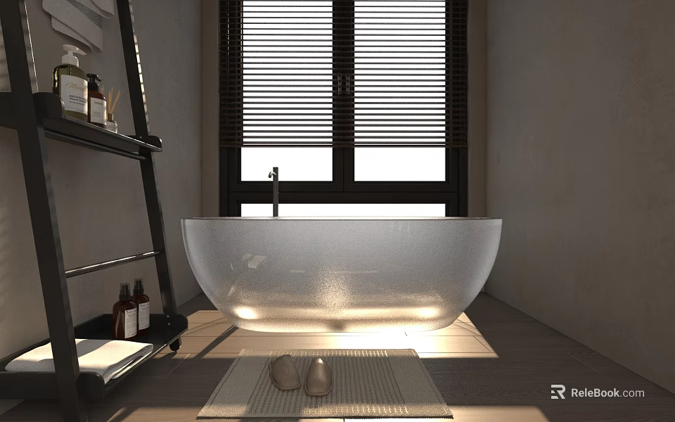 Transparent Frosted Bathtub In Bathroom With Window Blinds Ladder Shelf And Wooden Floor 3d model 