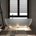 Transparent Frosted Bathtub In Bathroom With Window Blinds Ladder Shelf And Wooden Floor