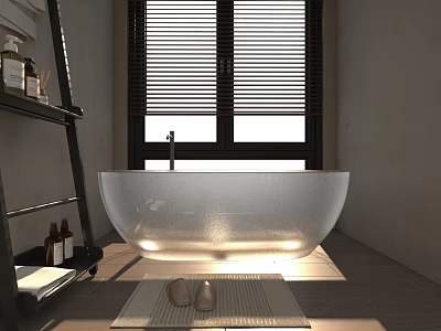 Transparent Frosted Bathtub In Bathroom With Window Blinds Ladder Shelf And Wooden Floor 3d model