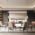 Elegant Modern Restaurant Interior Featuring Dining Table Chairs Pendant Lights And Wall Art 3d model