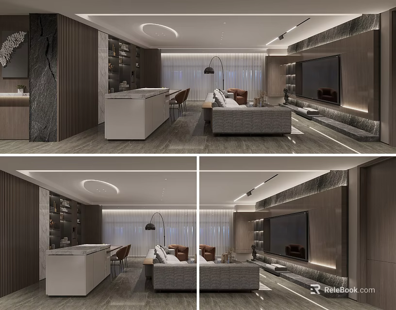 Modern Living And Dining Room Interior With Sofa Dining Table TV Wall And Ceiling Lights 3d model 