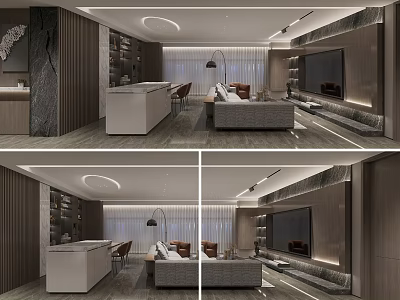 Modern Living And Dining Room Interior With Sofa Dining Table TV Wall And Ceiling Lights 3d model